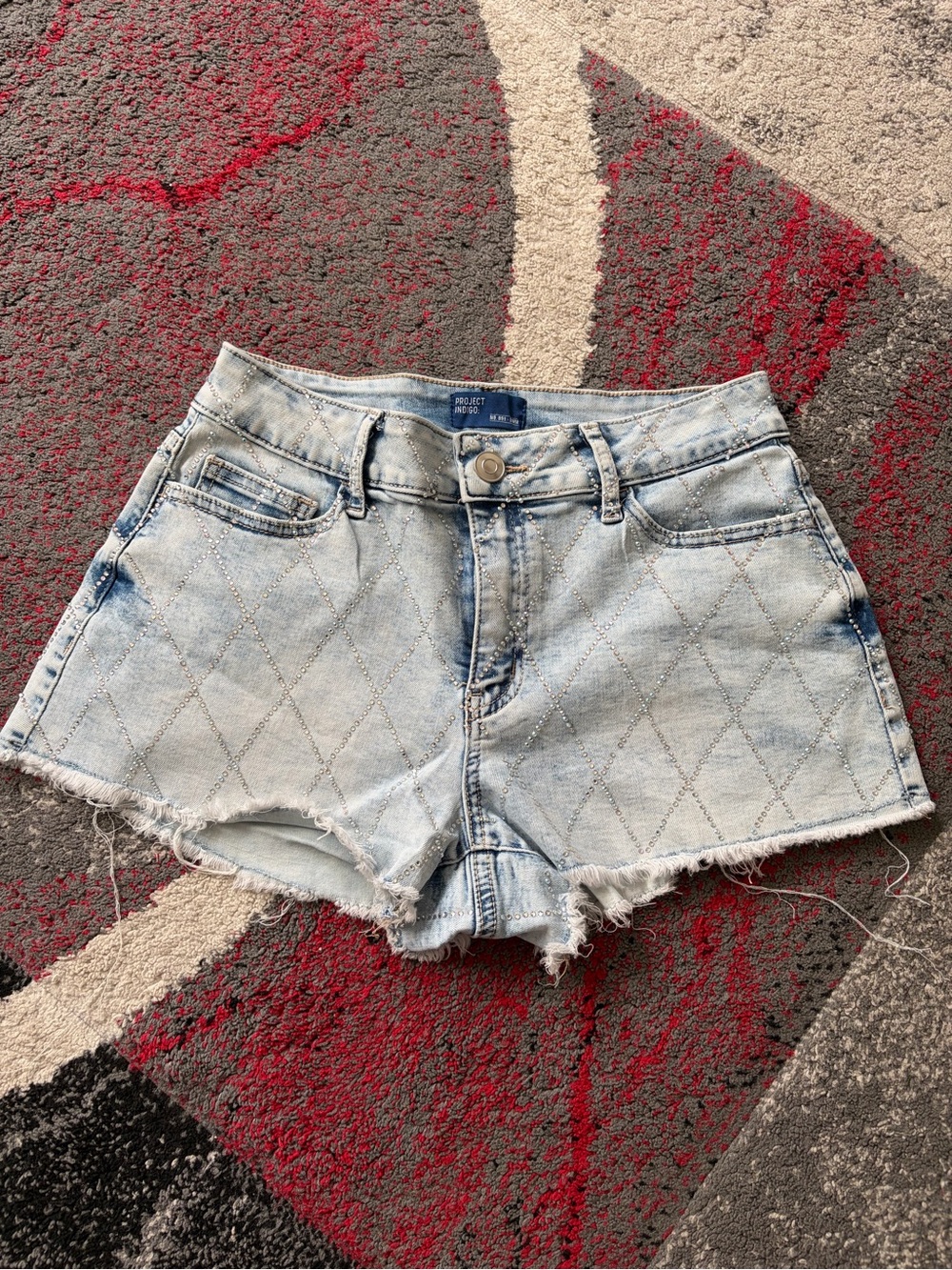 Indigo Light Blue Quilted Denim Cutoff Shorts